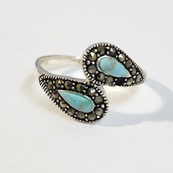 1990's Signed 925 Silver Classic Turquoise & Marcasite Ring Size 7 - Picture 9 of 12